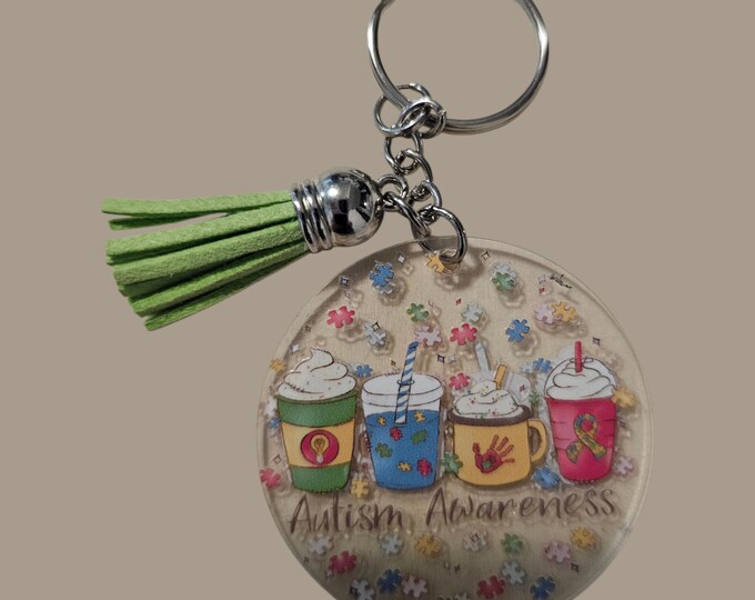 Handmade Autism Awareness Keychain: One-Of-Kind Acrylic Keychain With Lime Leather Tassel