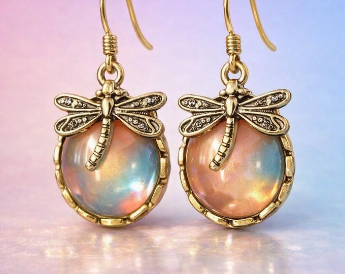 Iridescent Dragonfly Dangle Earrings – Gold Crystal Wings & Pastel Glow Cabochons