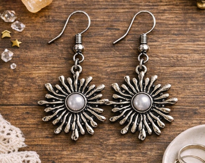 Silver Sun Pearl Earrings – Handcrafted Antique Silver Statement Jewelry Vibe