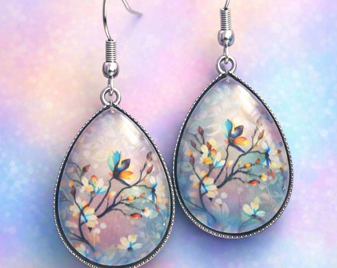 Teardrop Bird & Blossom Glass Dangle Earrings – Handcrafted Art Jewelry by Designs by Sher®