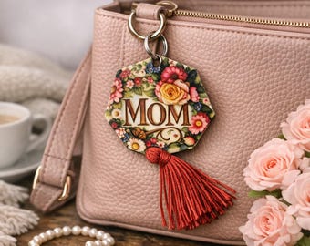 Floral "Mom" Zipper Charm – Hexagonal Purse Charm with Tassel, Keepsake Mother’s Day Gift