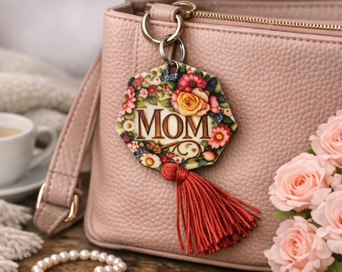 Floral "Mom" Zipper Charm – Hexagonal Purse Charm with Tassel, Keepsake Mother’s Day Gift