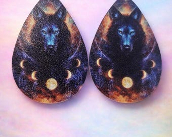 Cosmic Wolf Moon Phase Leather Teardrop Earrings – Boho Celestial Dangles - Mystical Wolf Jewelry