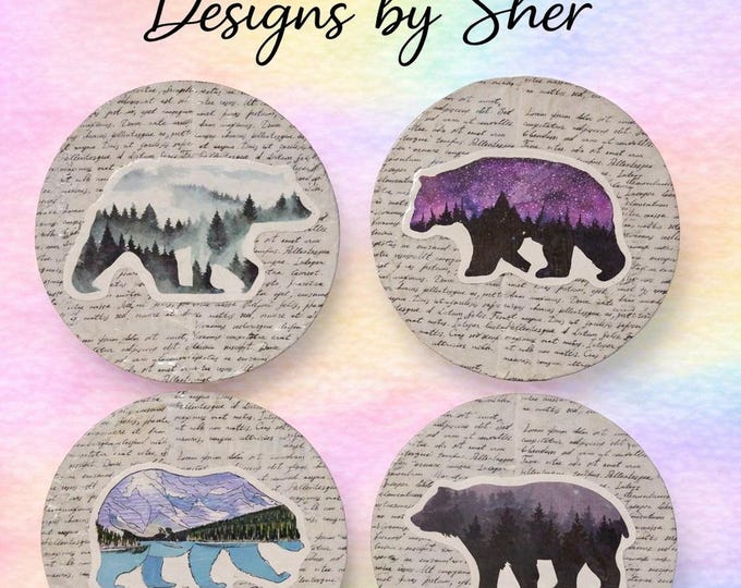 Nature-Inspired Wood Bear Coaster Set, Forest Mountain Landscape Art, Rustic Cabin Decor