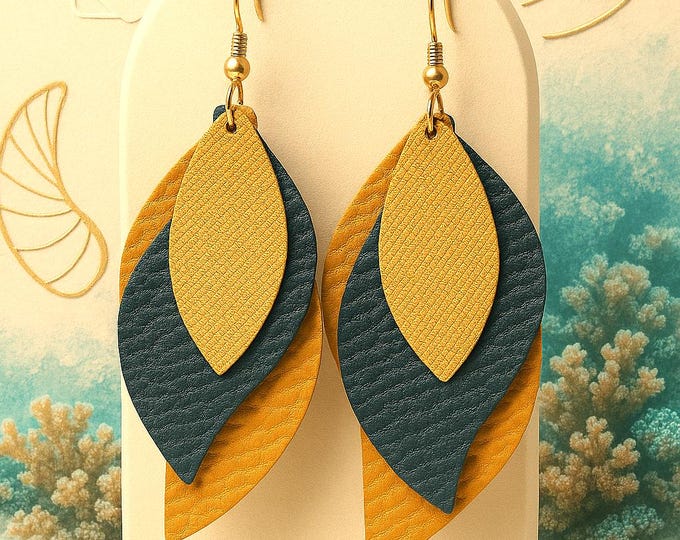 Boho Leather Leaf Dangle Earrings | Handmade Textured Three Tier Earrings | Copper Navy Natural Brown