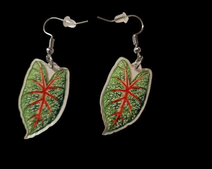 Handmade Leaf Dangle Earrings: Red Veined Green Plastic Leaves