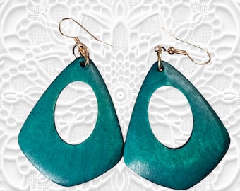 Blue Wood Earrings: Turquoise Wooden Dangle Earrings