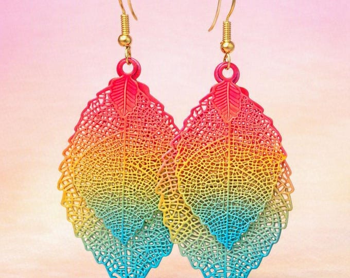 Gradient Leaf Earrings | Pink Yellow Blue  | Lightweight Summer Jewelry