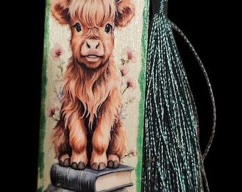 Handmade Wooden Bookmark with Tassle: Highland Cow Wood Bookmark Farm
