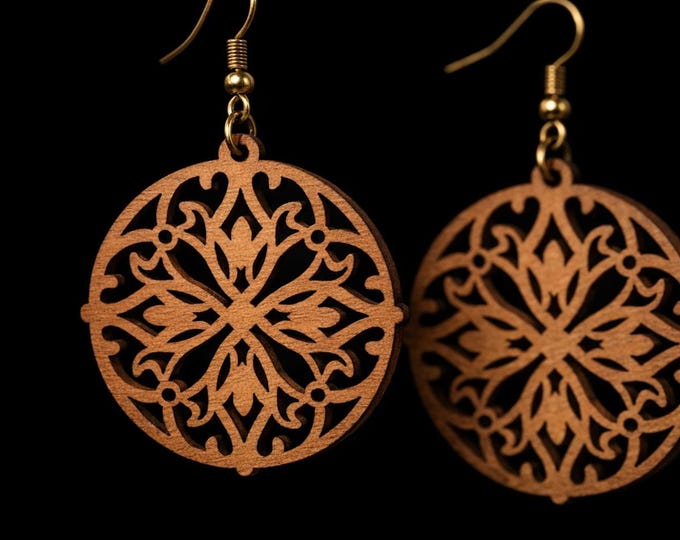 Wooden Mandala Earrings | Handcrafted Lightweight Boho Dangle Jewelry | Nature-Inspired Cutout Wood Earrings
