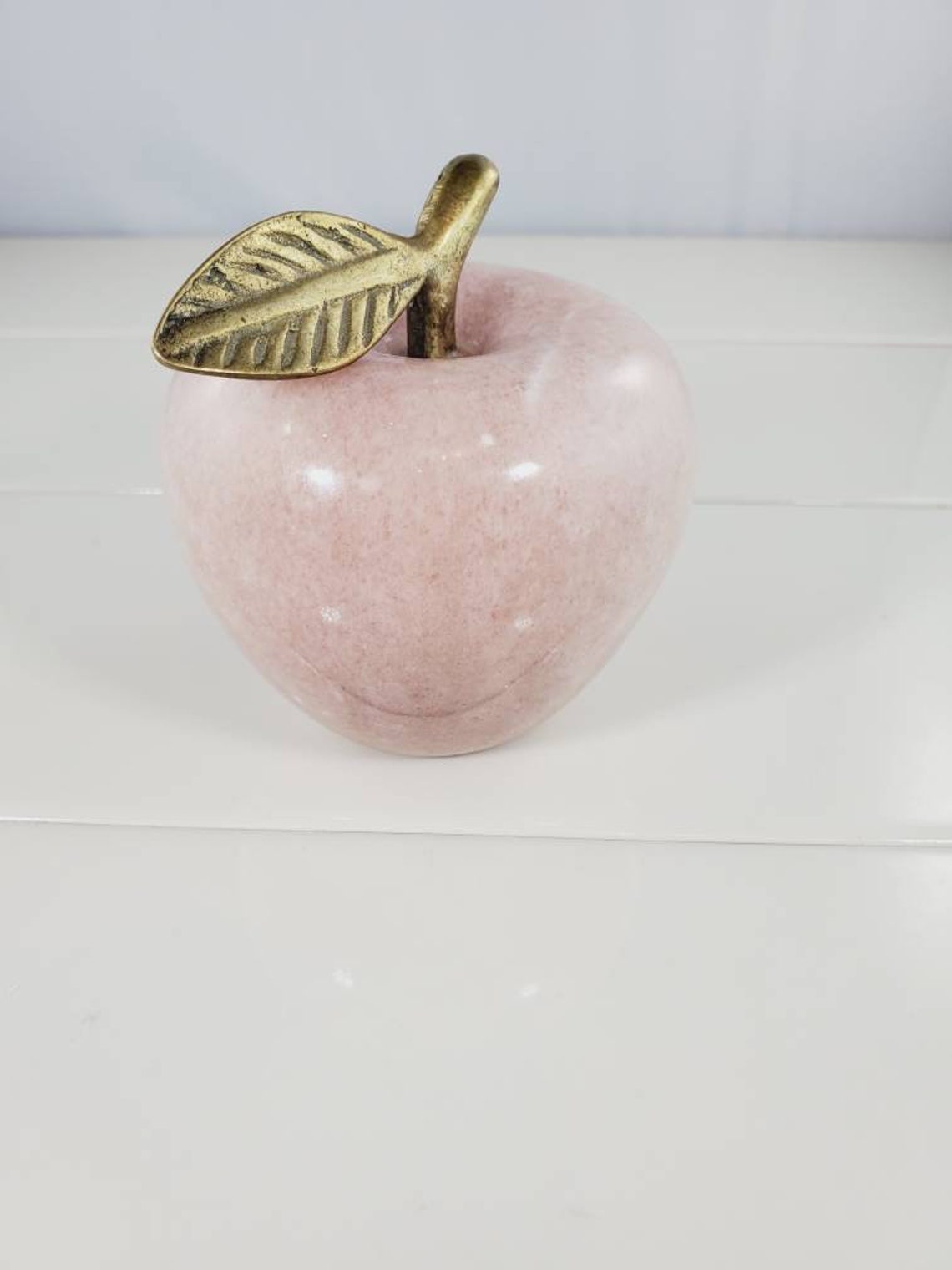 Pink Stone Apple Paperweight Rose Quartz Apple With Brass Etsy