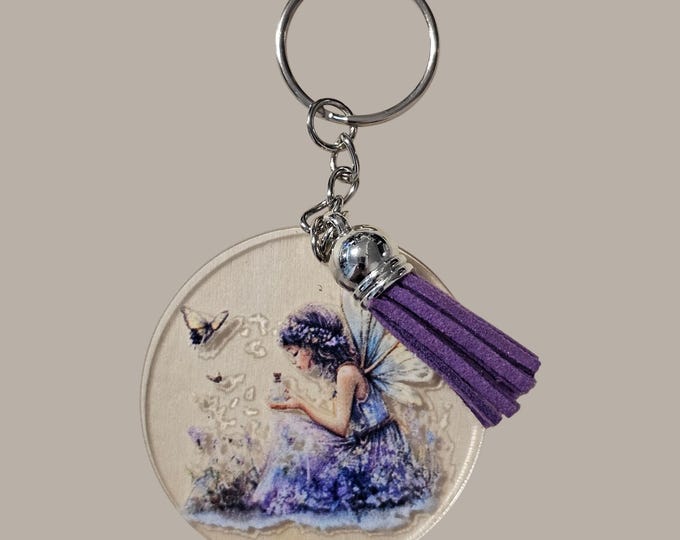 Handmade Fairy Keychain: One-Of-A-Kind Acrylic Keychain with Lilac Tassel