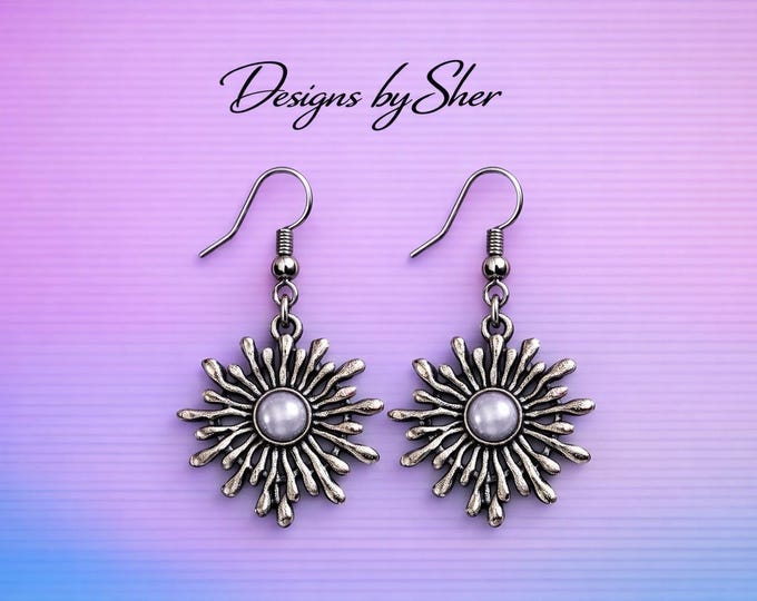 Silver Sunflower Dangle Earrings with Pearl Center