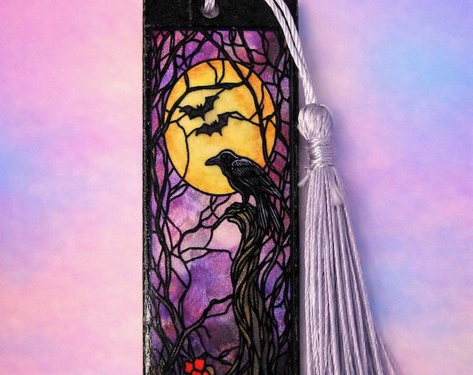 Gothic Wood Bookmark | Black Cat and Crows Wooden Bookmark
