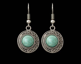 Turquoise Dangle Earrings – Antique Silver Filigree – Boho Beach Jewelry