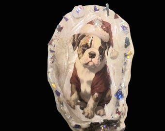 Shell Christmas Ornament: Santa Dog Bulldog in Santa Suit