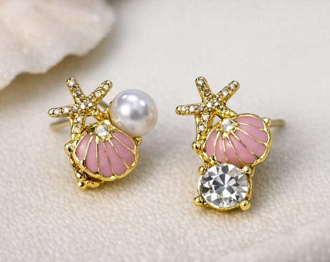 Ocean-Inspired Starfish & Seashell Stud Earrings | Handcrafted Gold-Toned Charm with Pearl Crystal Accents