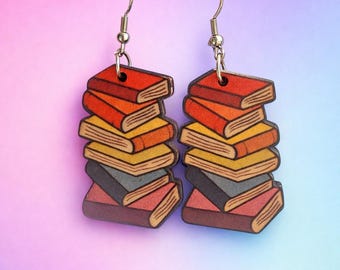 Book Stack Dangle Earrings – Colorful Miniature Library Charm Jewelry