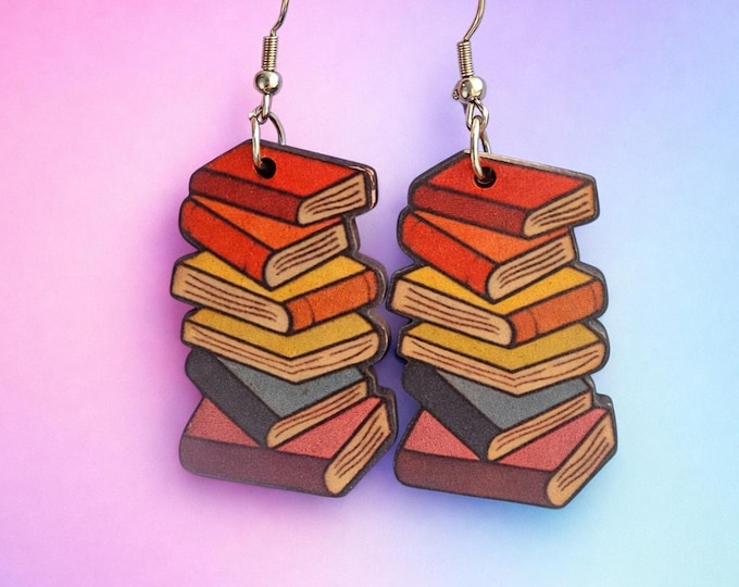 Book Stack Dangle Earrings – Colorful Miniature Library Charm Jewelry