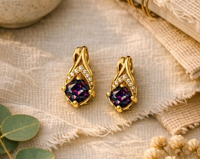 Mystic Topaz Cushion Cut Earrings | 18 Kt Gold Plate CZ Accents | Designs by Sher
