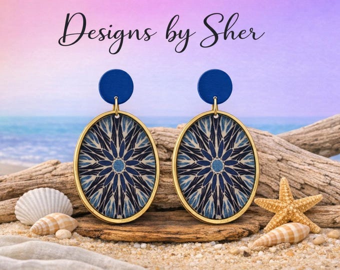 Boho Oval Wood Dangle Earrings | Handmade Blue and Gold Wooden Earrings | Tribal Statement Jewelry