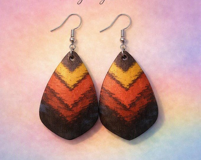 Chevron Teardrop Wood Earrings | Warm Autumn Tone Wooden Dangles