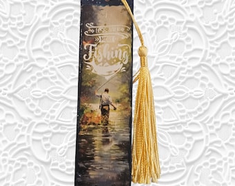 Fishing Handmade Wooden Bookmark with Tassle: Wood Bookmark, Fisherman, Fish