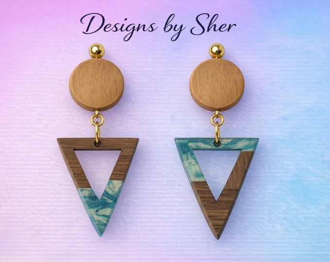 Wood Resin Inverted Triangle Earrings | Handmade Studs | Modern Geometric Dangles by Designs by Sher