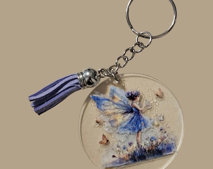 Handmade Blue Fairy Keychain:  Acrylic With Lilac Leather Tassel,