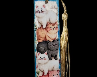 Handmade Wood Bookmark with Tassel Cats Kittens Wooden Bookmark