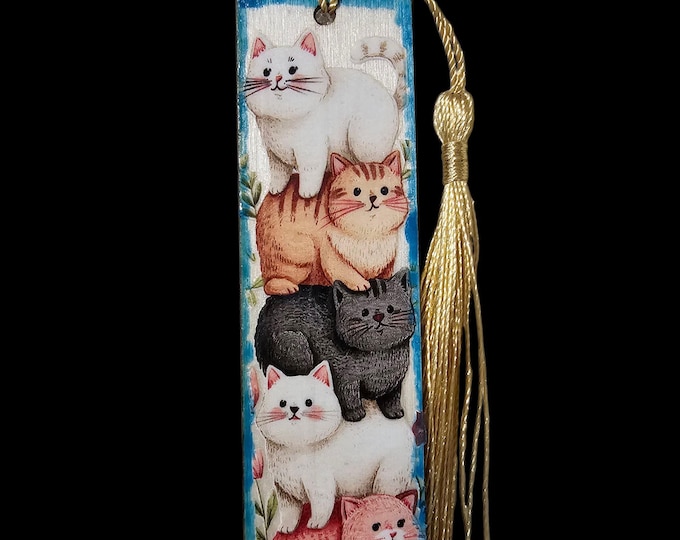 Handmade Cat Wood Bookmark: One-Of-A-Kind Wooden Page Marker with Tassel, Fun Cats, Kittens