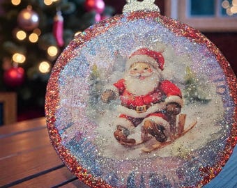 Handmade Christmas Ornament: Santa Skiing, Pointsettia