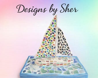 Mosaic Sailboat Sculpture | Handcrafted Colorful Nautical Art | Coastal Home Decor | Unique Tile Artwork