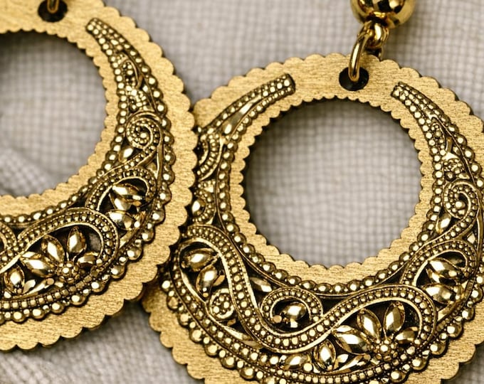 Statement Gold Chandelier Earrings | Handmade Ornate Crescent Design | Ornate Bollywood Jewelry