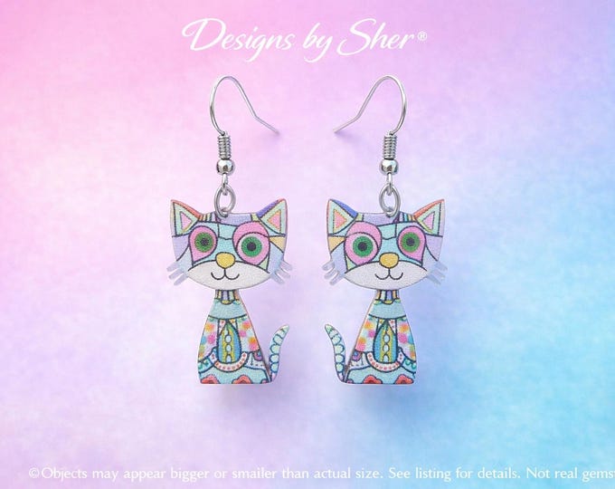 Colorful Cat Earrings – Whimsical Geometric Kitty Dangles • Lightweight Statement Jewelry • Designs by Sher®