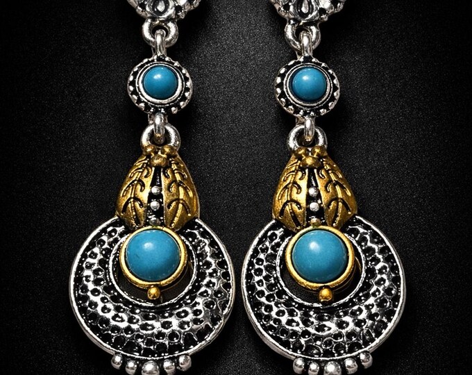 Turquoise & Silver Filigree Dangle Stud Earrings –Boho Chic Artisan Jewelry