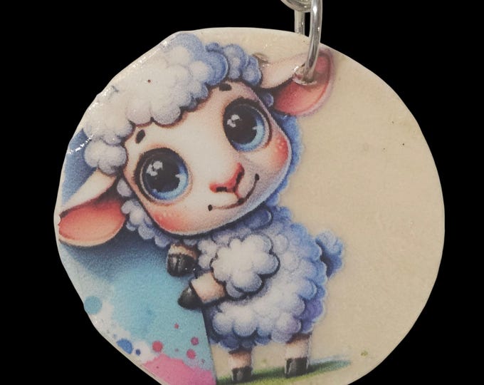 Handmade Wood Keychain Lamb: One-Of-A-Kind Round Key Chain, Farm