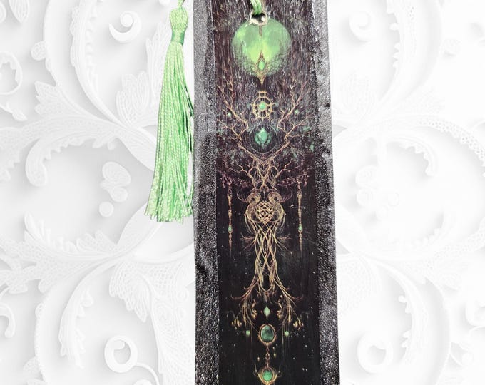 Handmade Mystical Bookmark: Gothic Paper Page Marker with Green Tassel