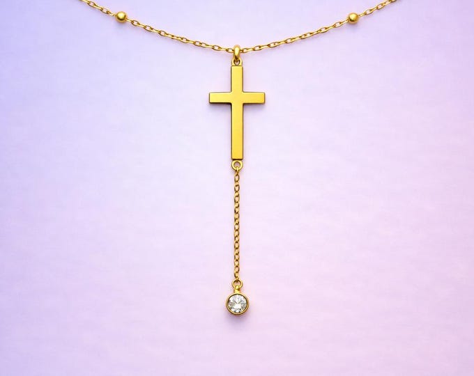 Gold Plated Cross Necklace, Stainless, Rhinestone Christian Jewelry