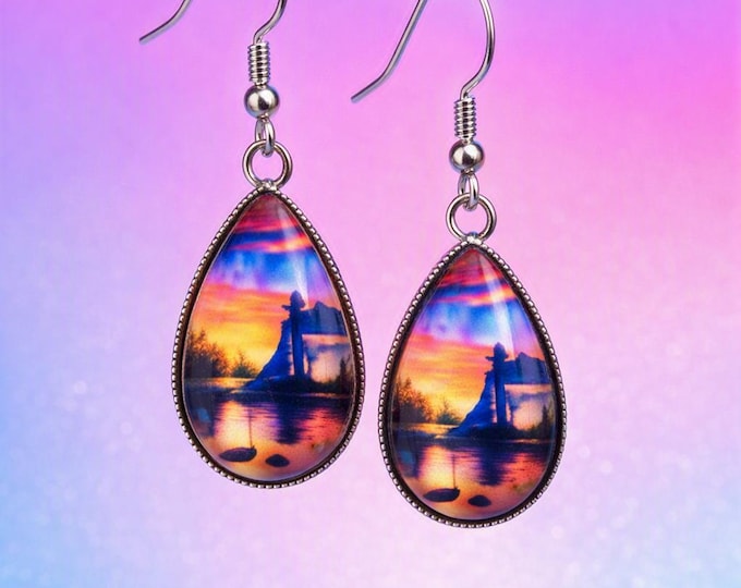 Sunset Lighthouse Teardrop Earrings – Coastal Glow Art Jewelry by Designs by Sher®