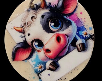 Handmade Cow Wood Keychain: Double Sided Round Wooden Keychain Farm