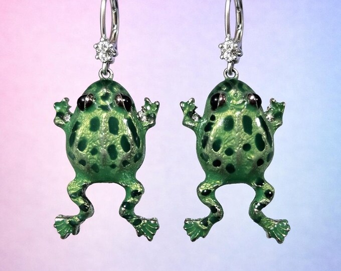 Green Enamel Frog Earrings with Crystal and Pearl Accents