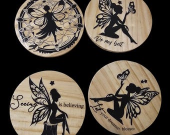 Silhouette Fairy Wood Coasters: Handmade Round Wooden Coasters