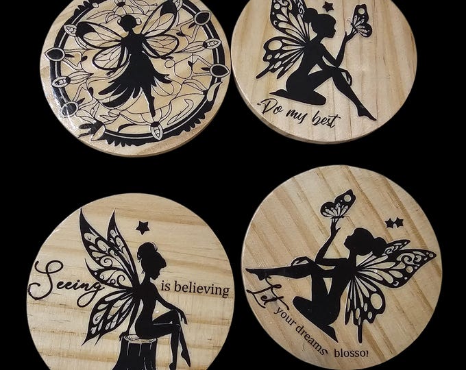 Handmade Silhouette Fairy Wood Coasters: One-Of-A-Kind Round Wooden Coasters