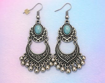 Turquoise Statement Earrings | Handmade Silver Crescent Dangles | Boho Beach Jewelry