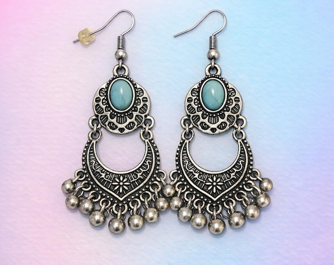 Turquoise Statement Earrings | Handmade Silver Crescent Dangles | Boho Beach Jewelry
