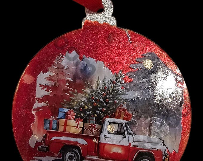 Handmade Acrylic Snowman Christmas Ornament: One-Of-A-Kind Holiday Decor, Classic Red Truck