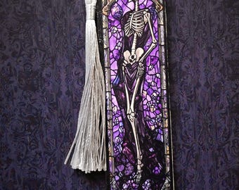 Handmade Wooden Bookmark with Tassle: Gothic Wood Bookmark - Bats, Skeleton