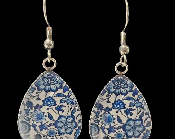 Handmade Blue and White Teardrop Drop Earrings