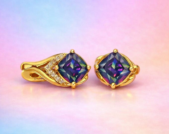 Natural Cushion Cut Mystic Topaz Latch Back Earrings | 18 Kt Gold Plate CZ Accents